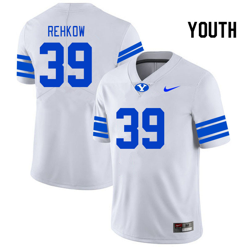Youth #39 Landon Rehkow BYU Cougars College Football Jerseys Stitched-White - Click Image to Close